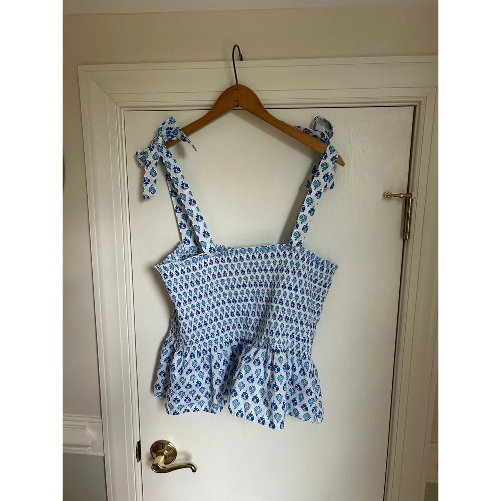 J.‎ Crew Smocked Tie-Shoulder Peplum Top Floral Block Print Blue White Size L